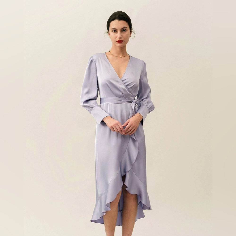 NWT RIHOAS The Ruffle Satin Wrap Maxi Dress Sz XS